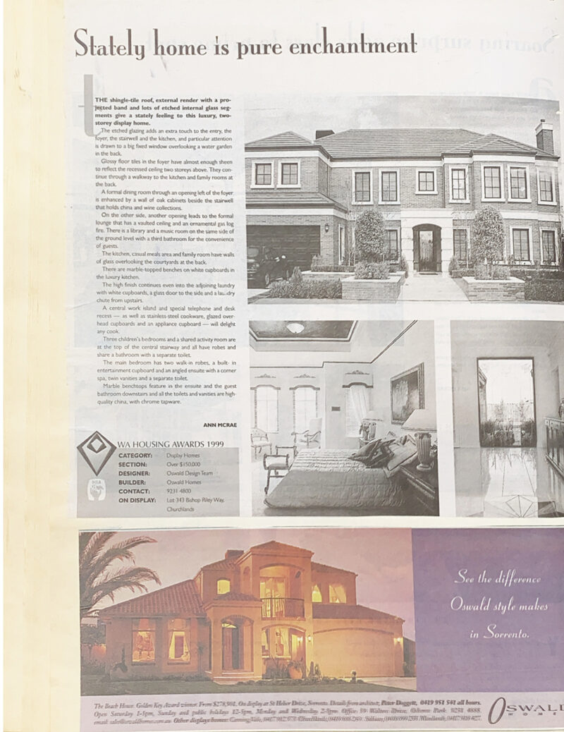 Newspaper clipping, Stately home is pure enchantment, featuring an Oswald Homes build