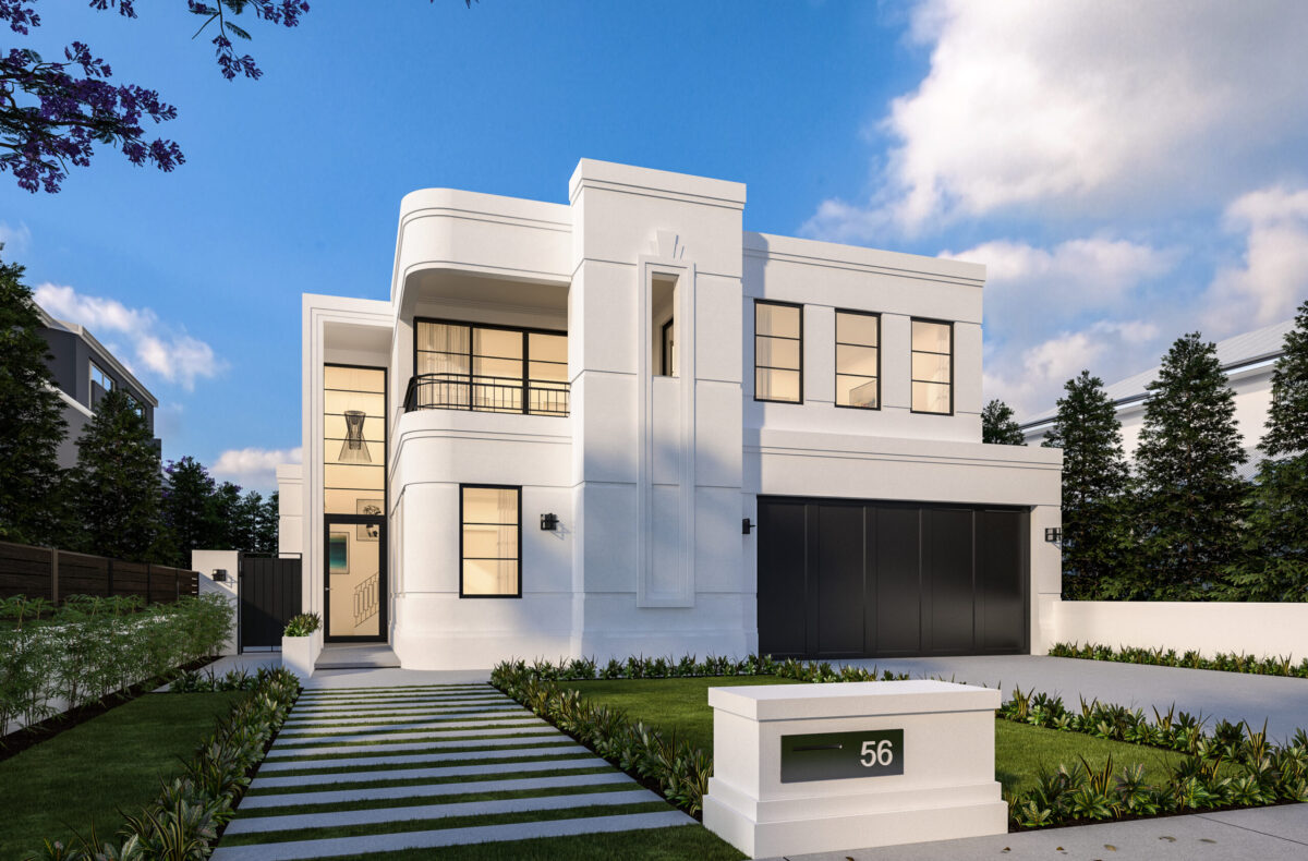 Art deco style two storey home with curved white rendered facade