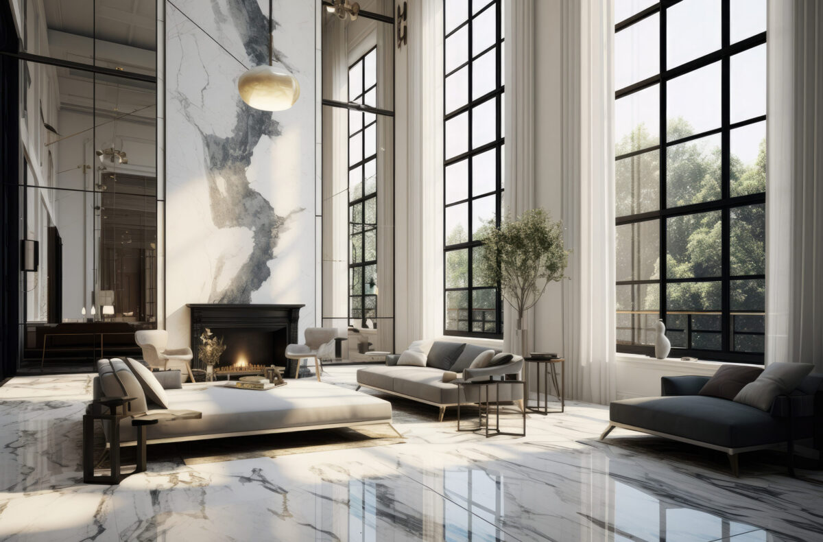 Marble living room with full height arched windows and fireplace