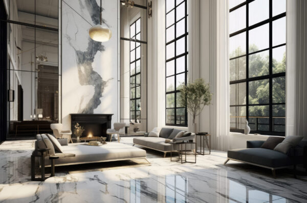 Marble living room with full height arched windows and fireplace