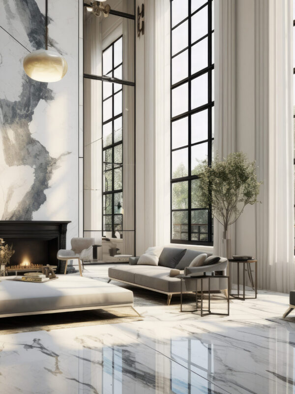 Marble living room with full height arched windows and fireplace