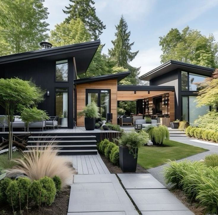 black and wooden home render surrounded by trees, bushes and landscaping