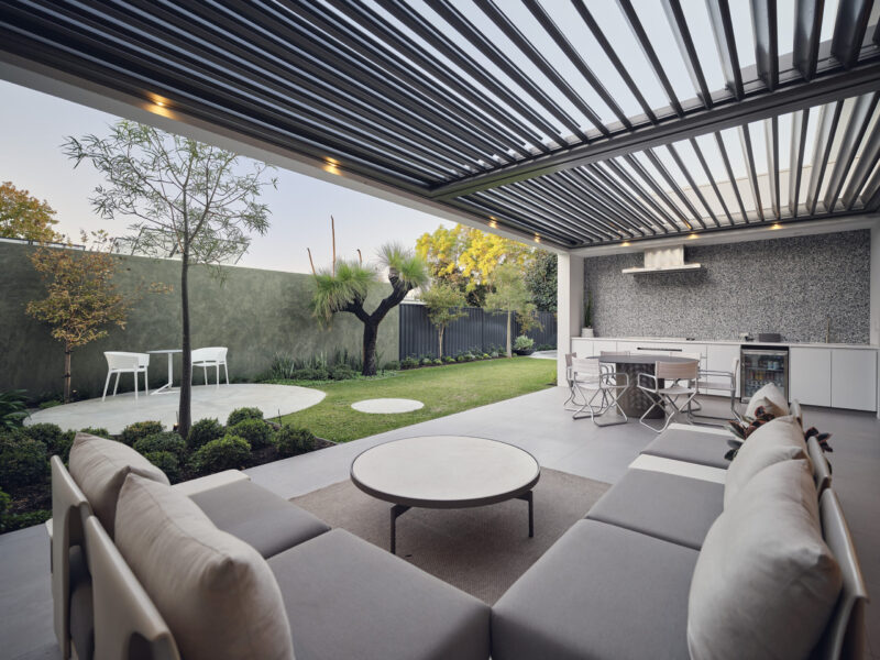 Alfresco with louvred pergola roof, outdoor lounge and built in barbecue kitchen