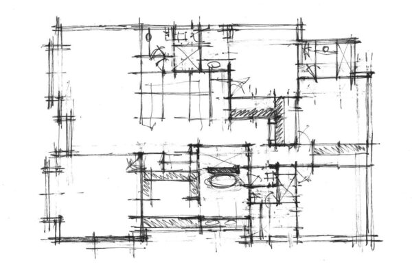 black and white rough sketch of a floorplan with pencil
