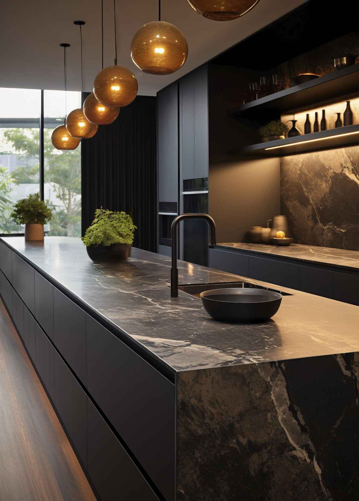 dark, moody, atmospheric kitchen with warm white statement lights above the island