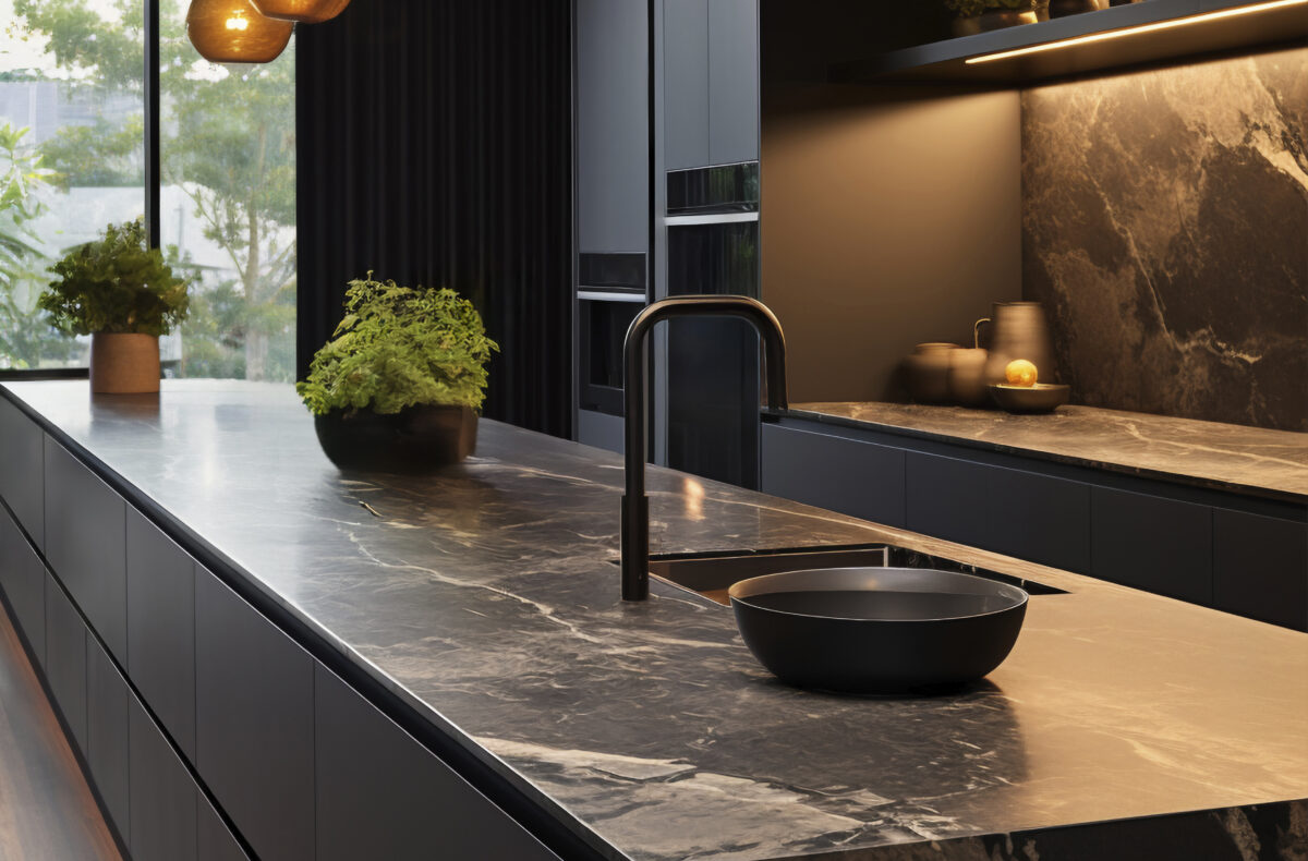 dark, moody, atmospheric kitchen with warm white statement lights above the island