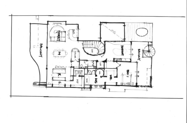 pencil sketch of floorplan - the upside downer