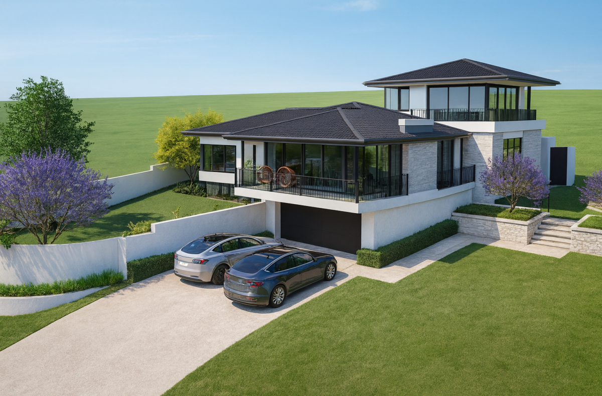 Render of a two storey home with double garage and landscaped driveway