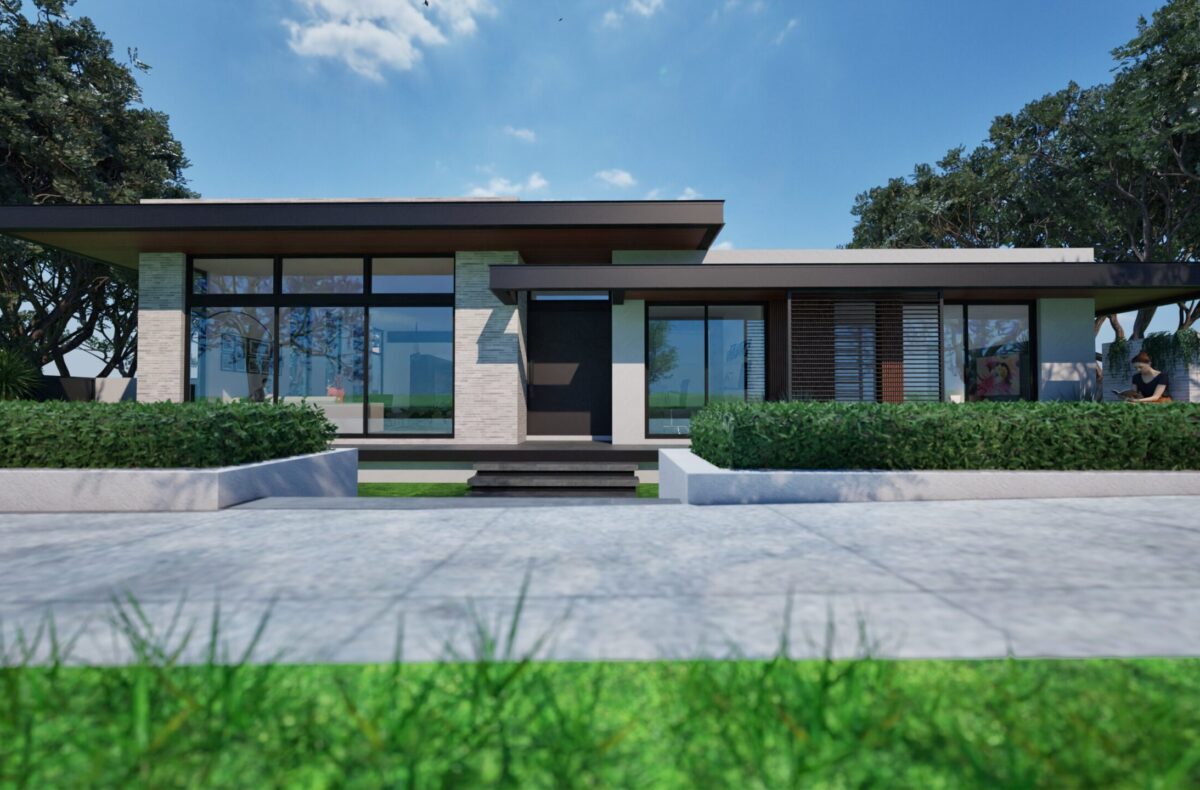 Render of a single storey modern home with wide driveway