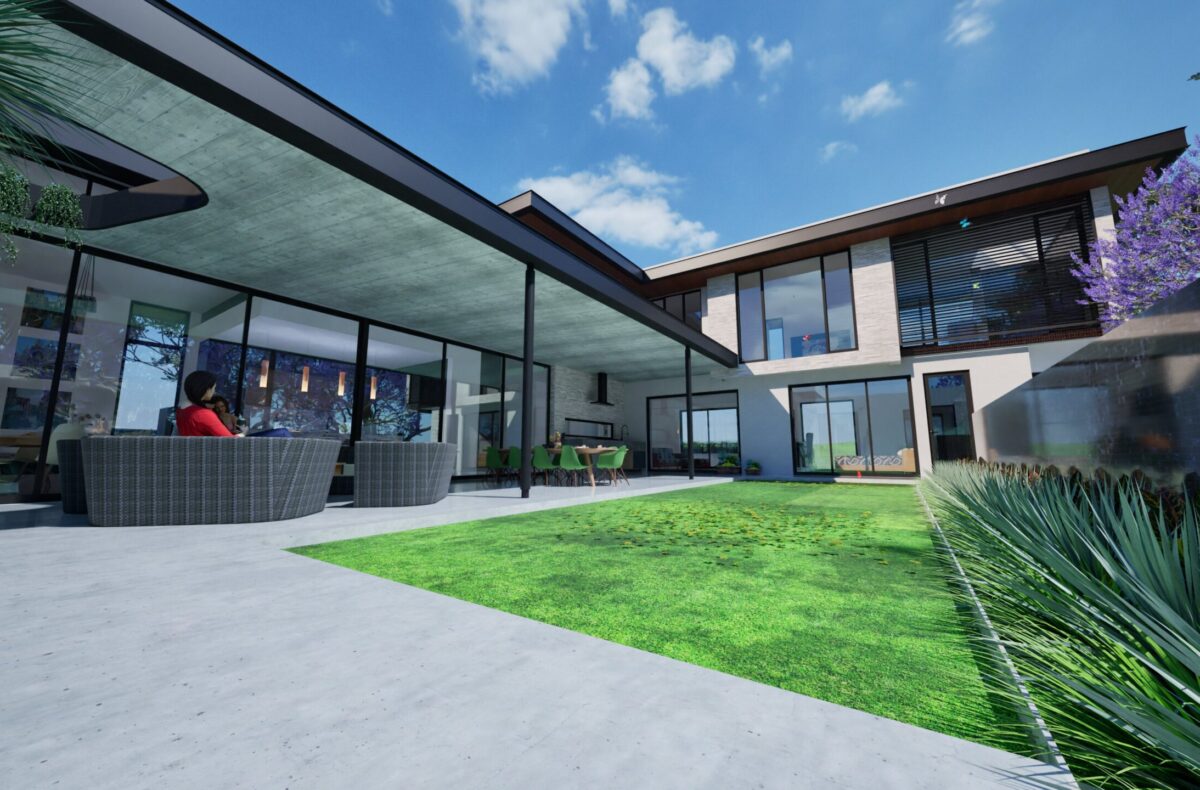 Render of a courtyard looking into the living pavilion
