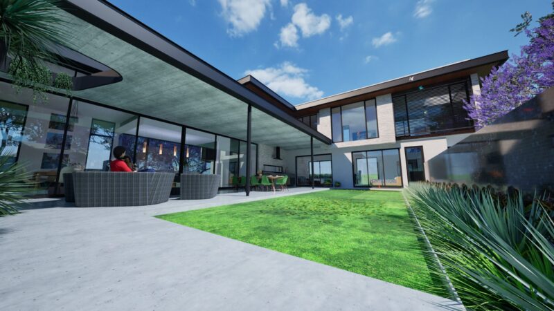 Render of a courtyard looking into the living pavilion