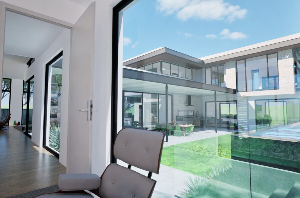 Render of a hallway looking through to the pool courtyard