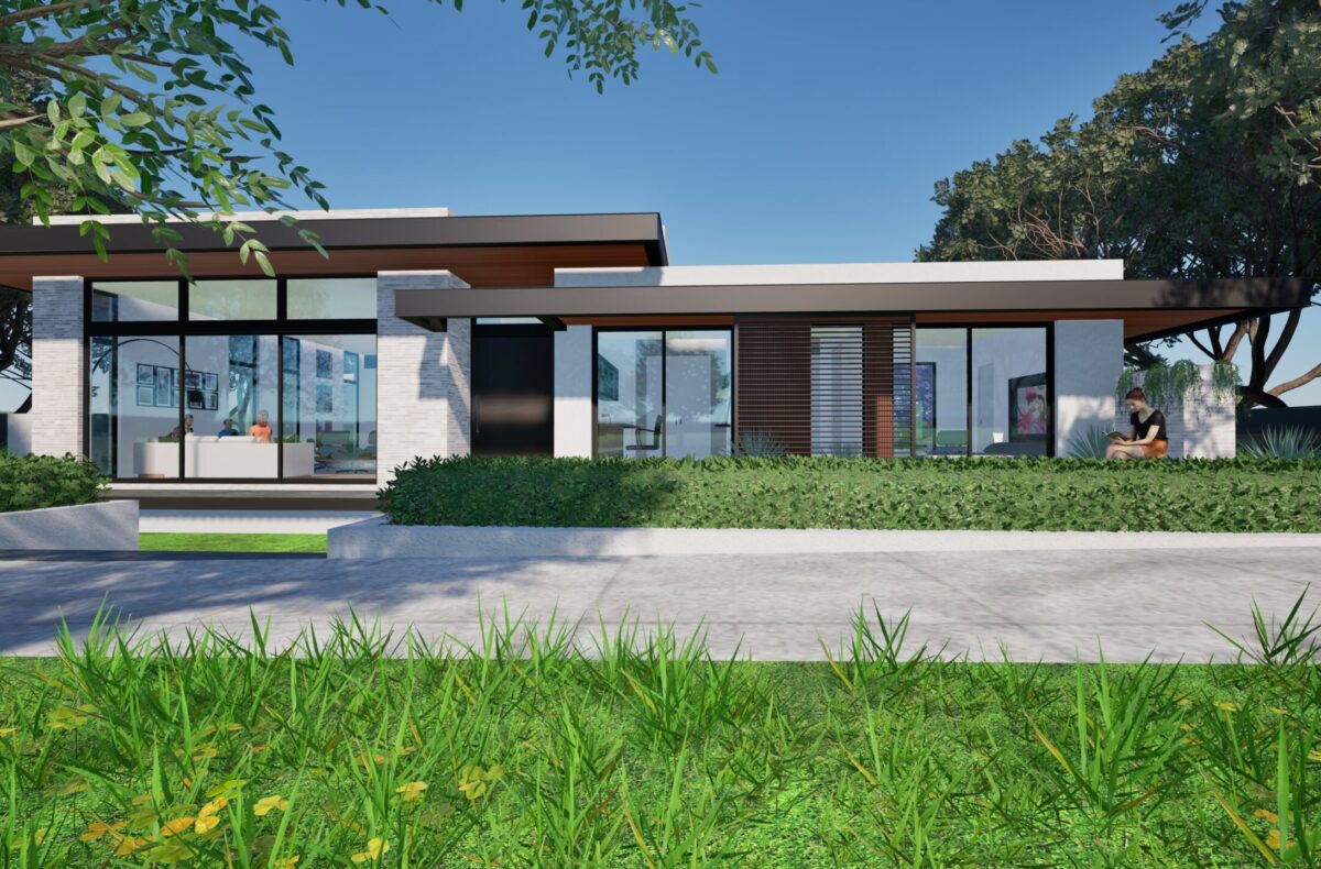 Render of a single storey modern home with lawn and jacaranda
