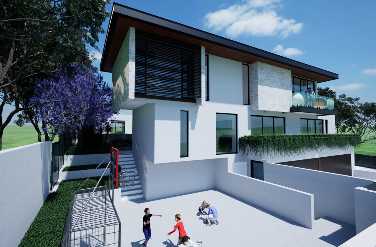Render of a two storey home with terraced entry and lawn