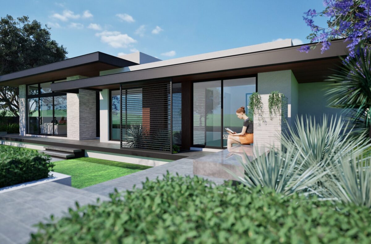 Render of a low modern home with full height glazing and native planting