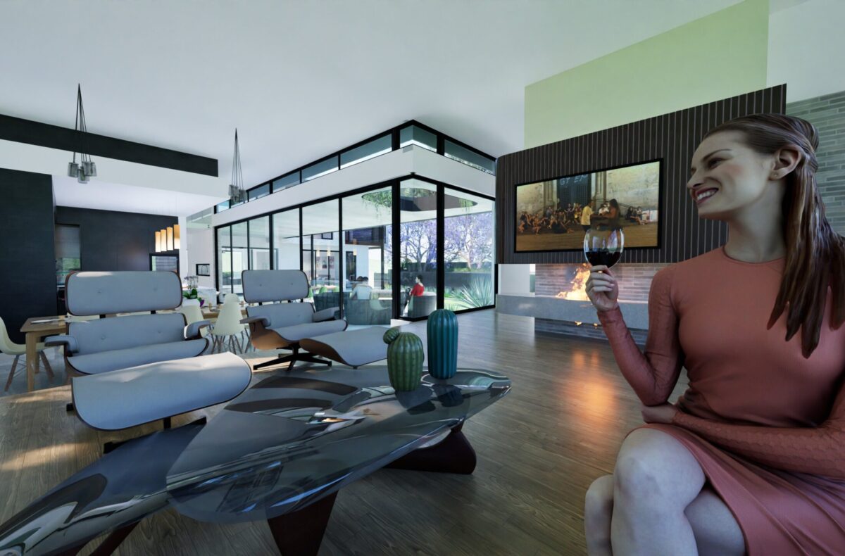 Render of an open plan living area with sculptural coffee table