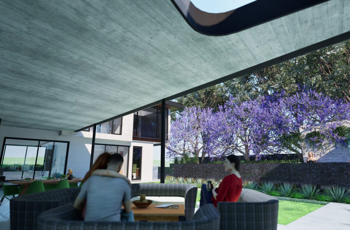 Render of a living area looking out to flowering jacarandas