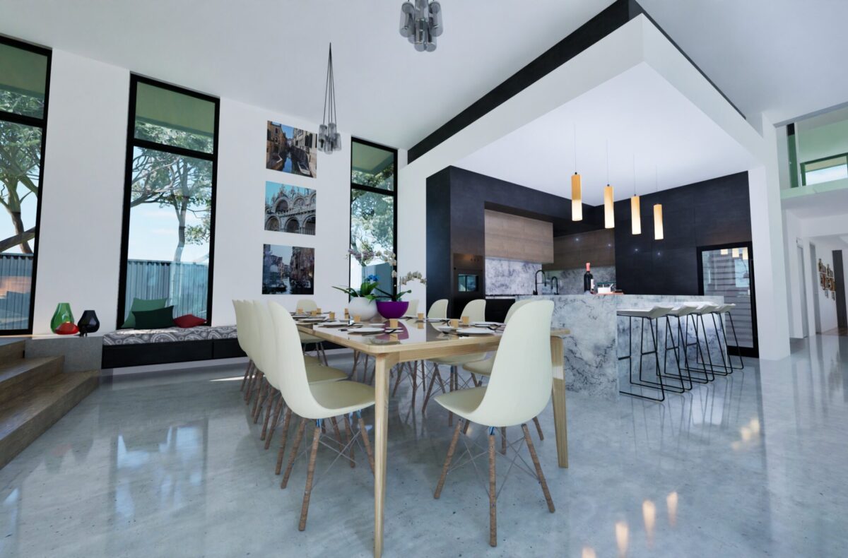 Render of a dining area with white chairs and the kitchen beyond