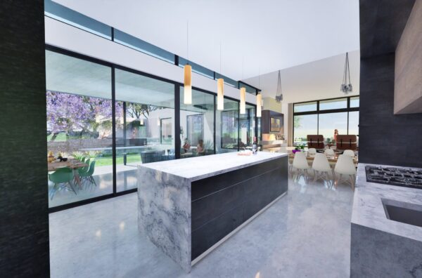 Render of a kitchen with marble island bench looking out to the pool