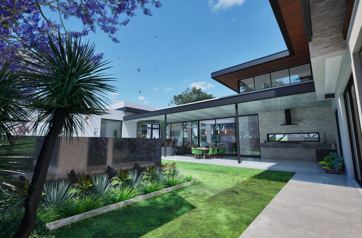 Render of a courtyard with lawn and tropical planting