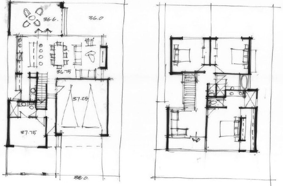 Hand drawn floor plan sketches for a two storey home