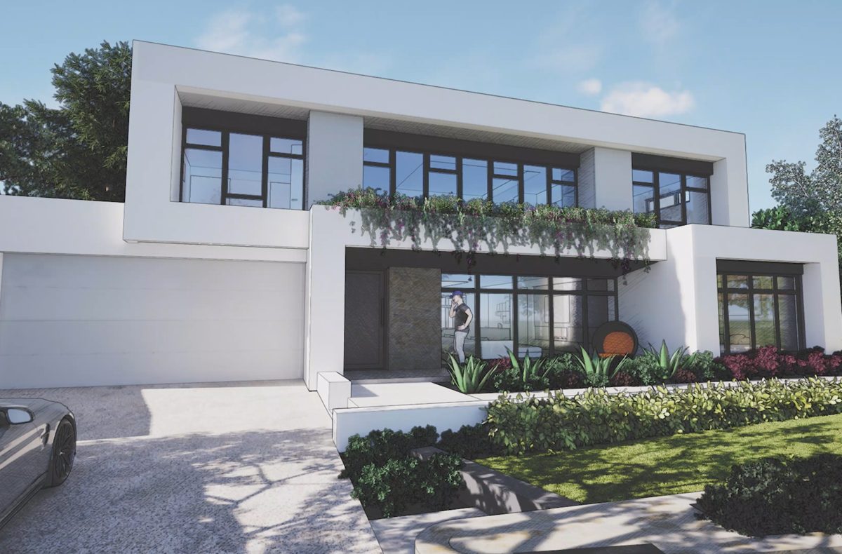 Oswald Homes client home that has been inspired by the Mid Century Modern style. The exterior render On the Drawing Board features bountiful windows, and cascading greenery from the front balcony.