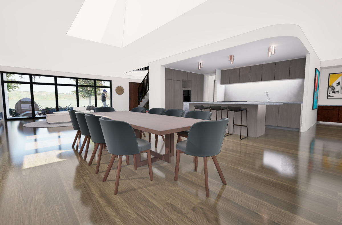 Render of a dining area beneath a skylight with the kitchen beyond