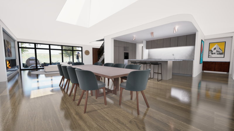 Render of a dining area beneath a skylight with the kitchen beyond