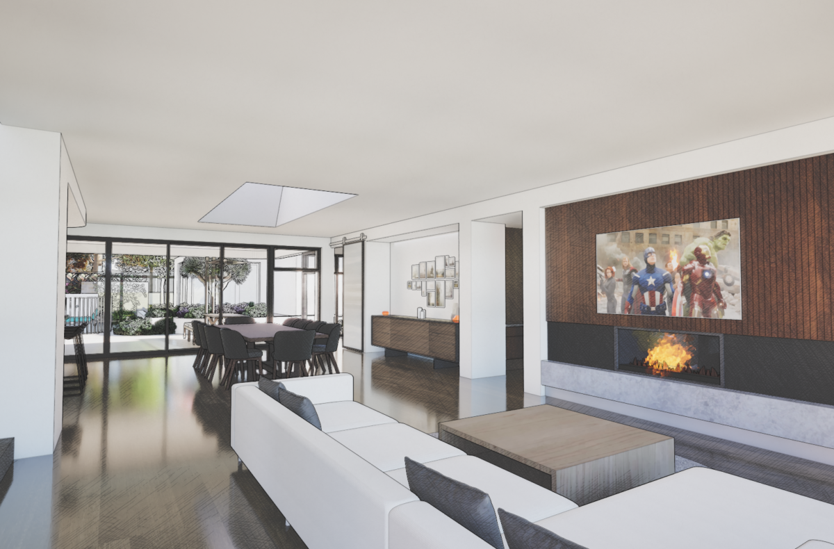 Render of a living area with timber feature wall and fireplace