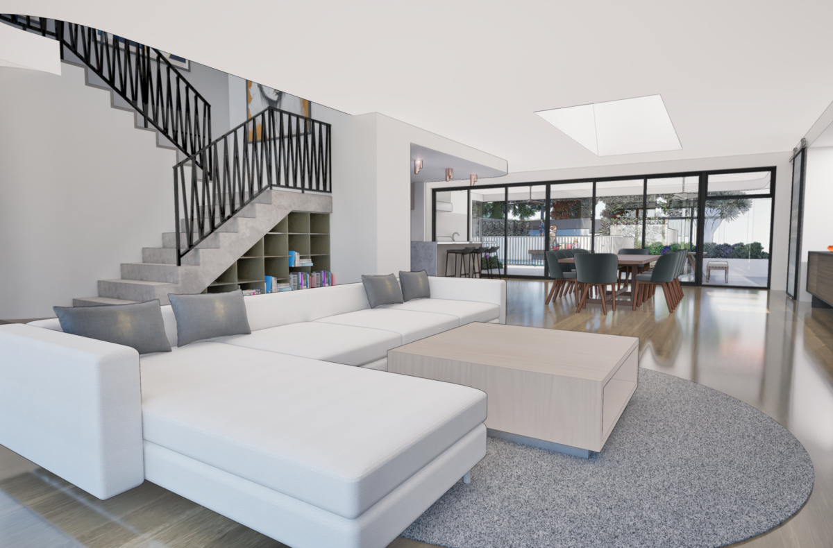 Render of a living area with white sectional lounge beneath the staircase