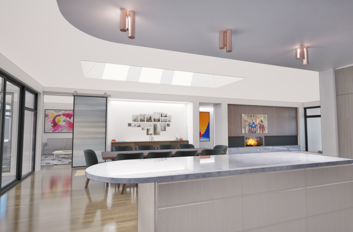 Render of a kitchen with island bench and living area beyond
