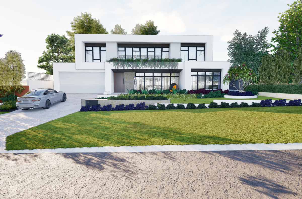Render of a two storey home with landscaped driveway