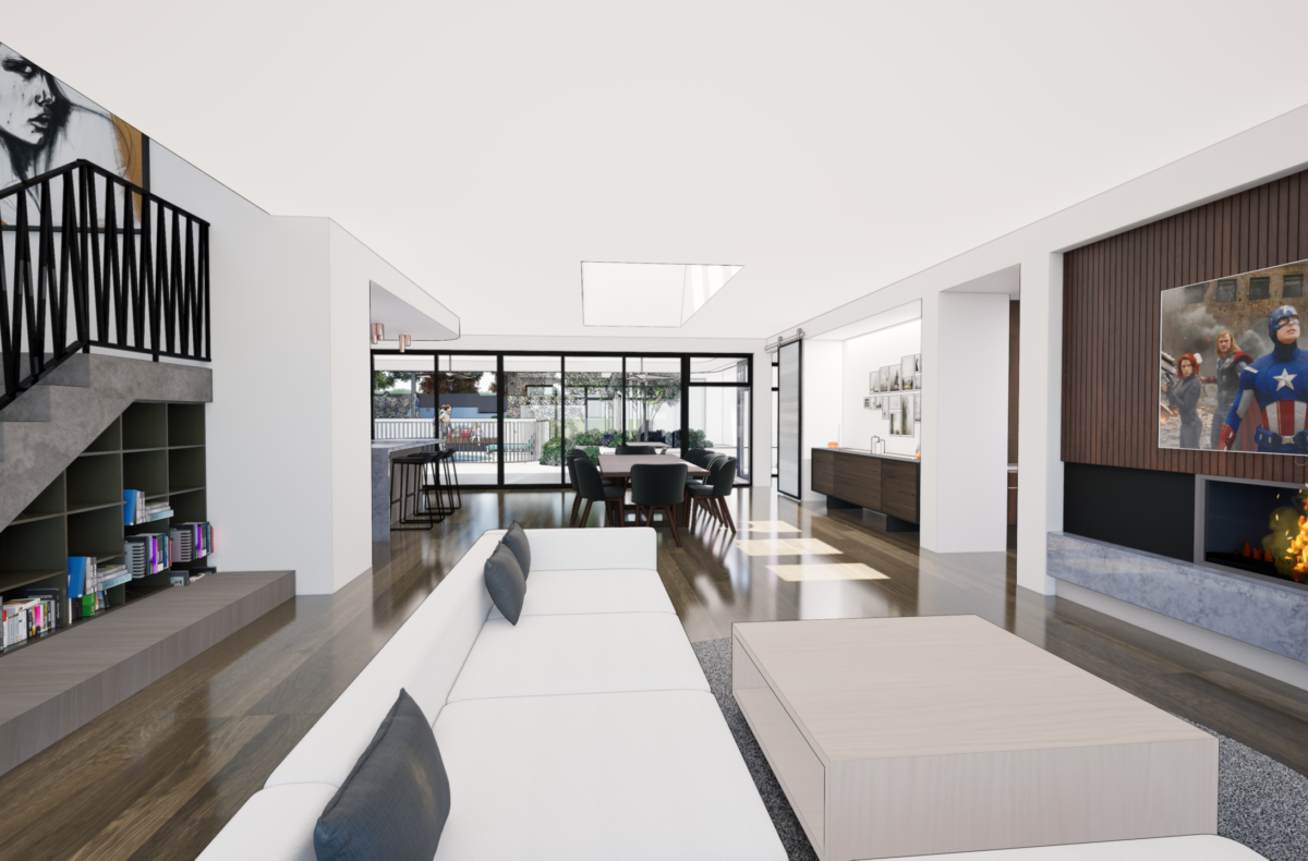 Render of a living area with feature artwork and linear fireplace