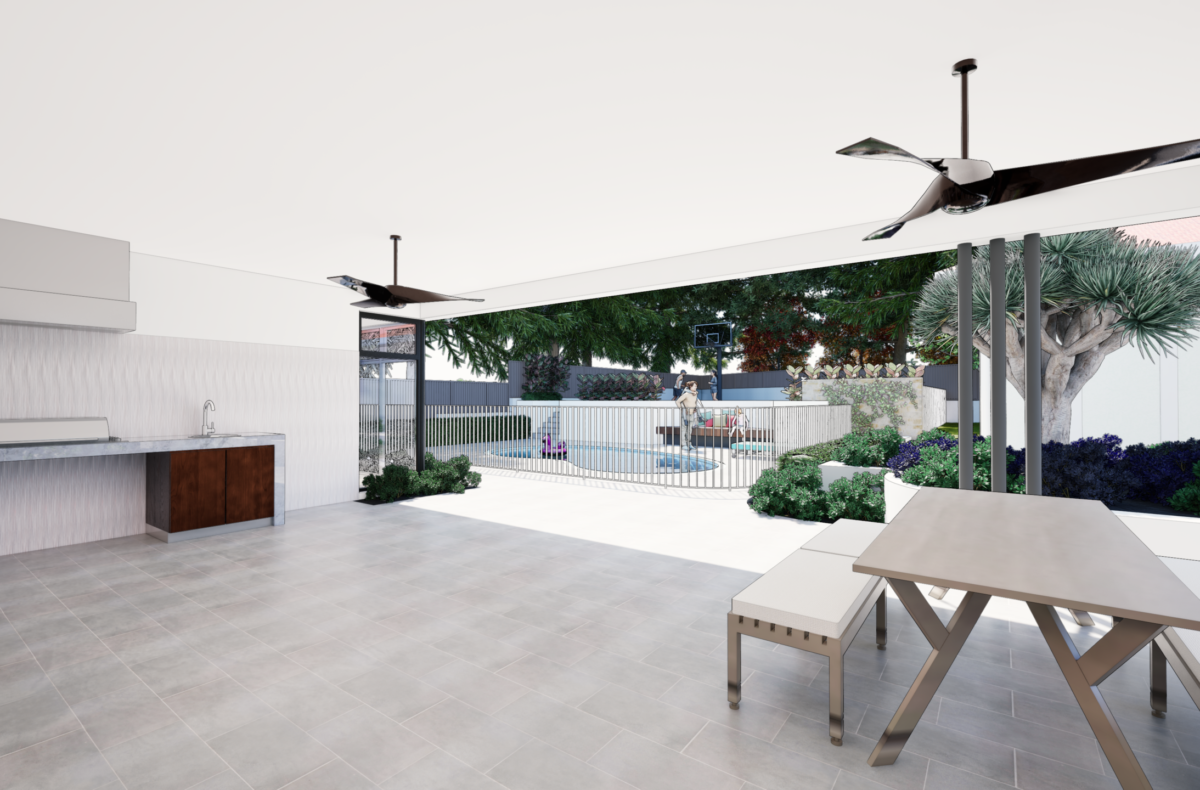 Render of an alfresco with ceiling fans overlooking the pool