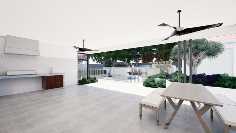 Render of an alfresco with ceiling fans overlooking the pool