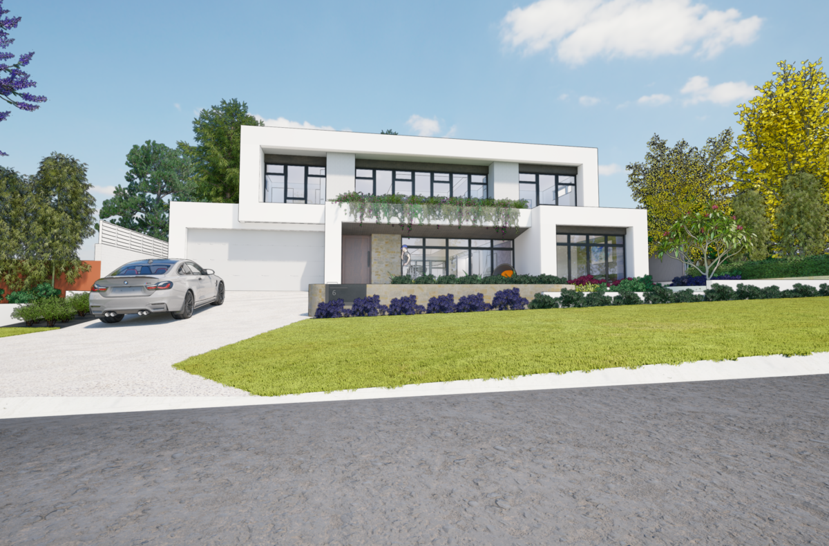 Render of a two storey home with white render on a sloping lawn