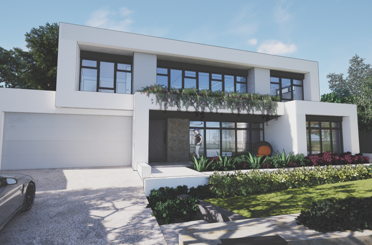 Render of a two storey home with double garage and clipped hedging