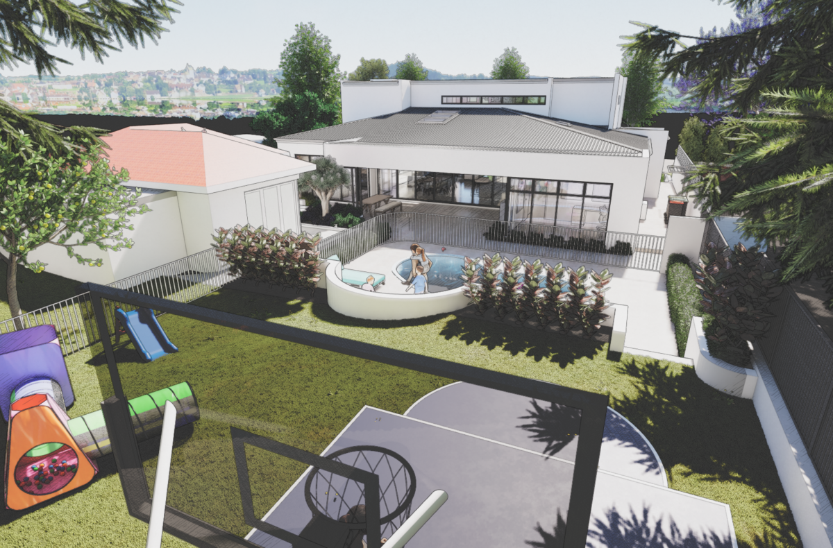 Render of a backyard with pool, lawn and children