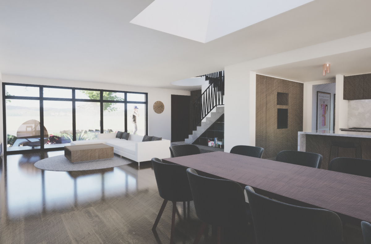 Render of an open plan dining and living area with staircase