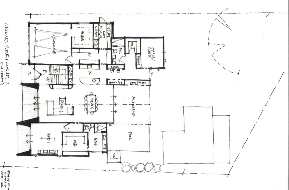 On the drawing board for Oswald Homes is this Modern Mid Century design, hand sketched two storey option.