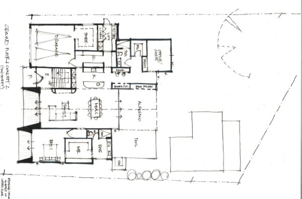 On the drawing board for Oswald Homes is this Modern Mid Century design, hand sketched two storey option.